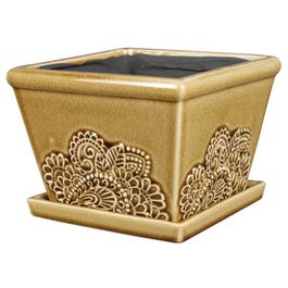 Provence Planter With Attached Saucer, Brown, Ceramic, 6-In. Square