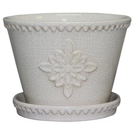 Ceramic Planter With Saucer, Lorna/White Crackle, 8-In.
